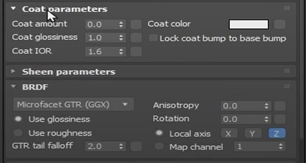 Parameter setting of layer Coat và Sheen trong V-Ray for 3ds Max
